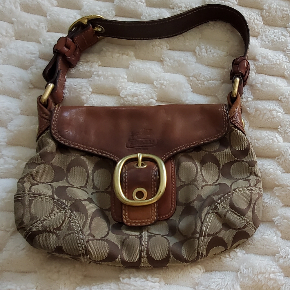 Coach Brown and Tan Signature Shoulder Bag